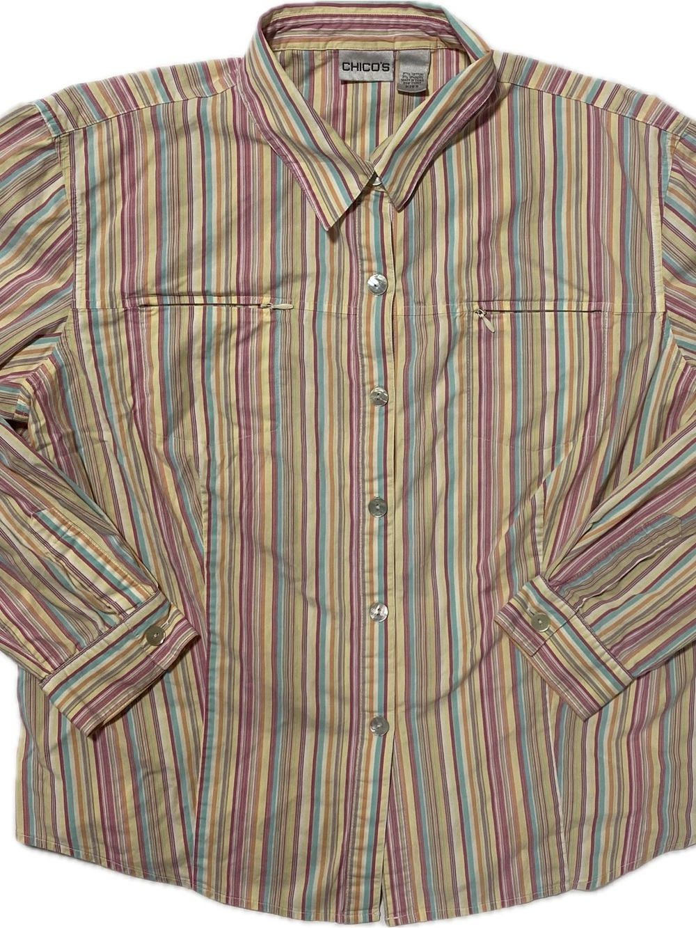 Chico's Striped Button-Down Shirt in Beige, Pink, Blue